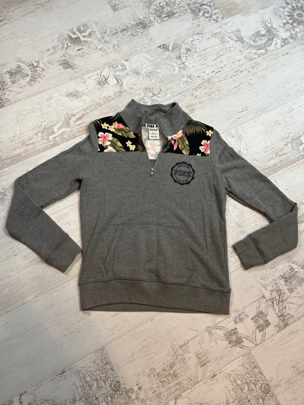 Pink Victoria’s Secret 1/4 Zip Tropical Print Sweatshirt Size XS